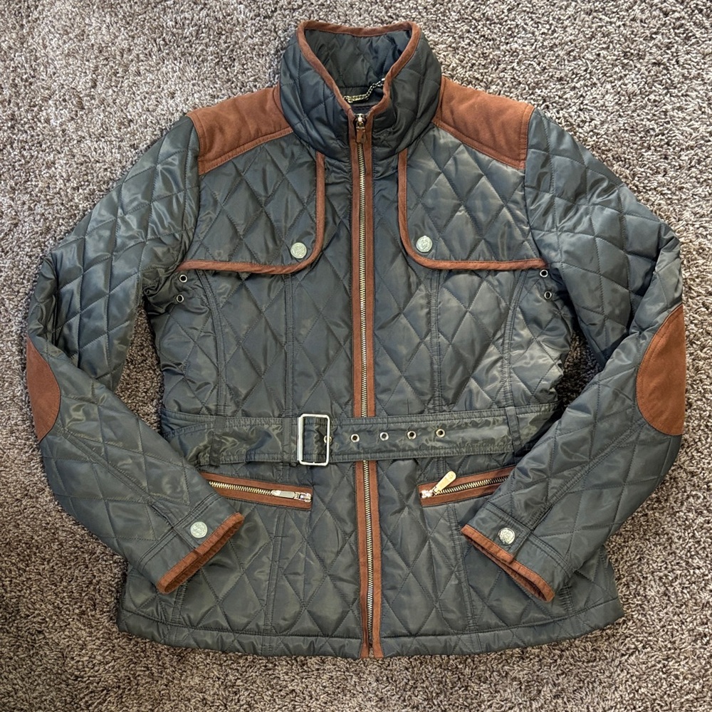 Vince Camuto Quilted Barn Jacket Women’s M Olive with Brown Faux Suede Utility